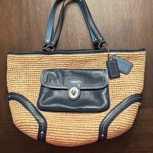 Coach Blue Leather/Straw Pocket Tote Purse